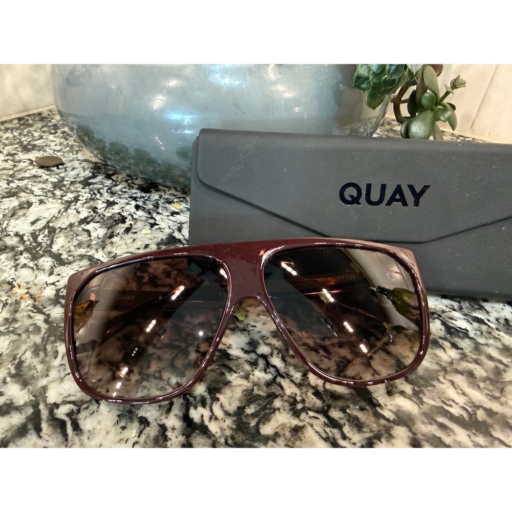 Quay Australia No Curfew Burgundy Oversized Aviator Sunglasses with Case